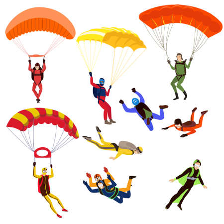 Set of parachutists involved in dangerous sports making jumps in the sky with a parachute. Extreme...