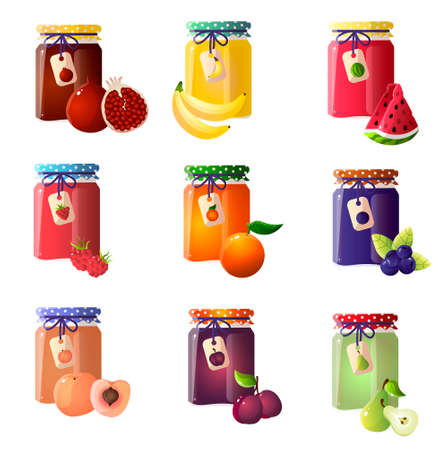Set of beautiful jars with a different type of jam. Strawberry jam, kiwi, orange, raspberry and others. Vector illustration of different food products on white.のイラスト素材