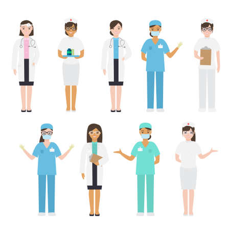 Set of different types of doctors in medical attire engaged in their work. Vector illustration isolated on white background.のイラスト素材