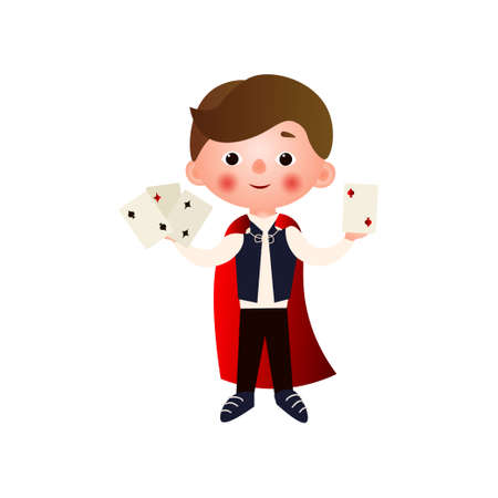 A young handsome magician rehearsing his stunts for his performance. The boy in the clothing of a magician. Vector illustration isolated on white background.のイラスト素材