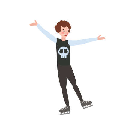 Young cute boy skates in beautiful warm clothes making figures.のイラスト素材