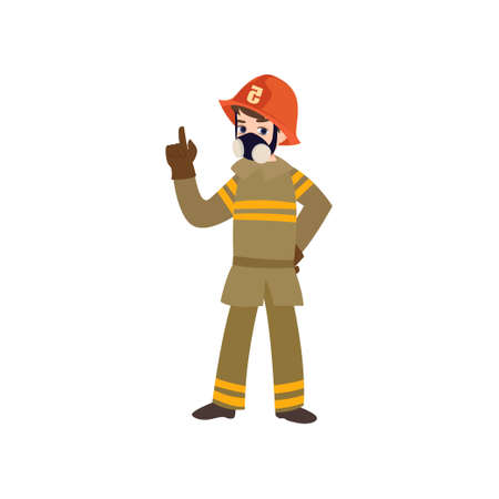 Boy Firefighter Wearing Protective Uniform, Helmet Holding Up His Index Finger and Giving Advice, Freman Character Doing His Job Vector Illustrationのイラスト素材