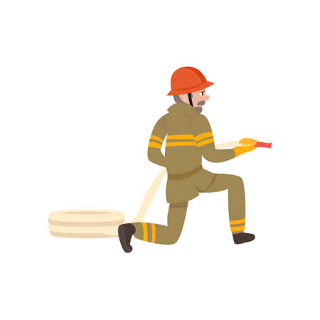 Boy Firefighter Wearing Protective Uniform and Helmet with Hose, Freman Character Doing His Job Vector Illustration Isolated on White Background.のイラスト素材