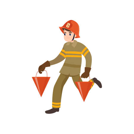 Boy Firefighter Wearing Protective Uniform and Helmet Running with Buckets, Freman Character Doing His Job Vector Illustration Isolated on White Background.のイラスト素材