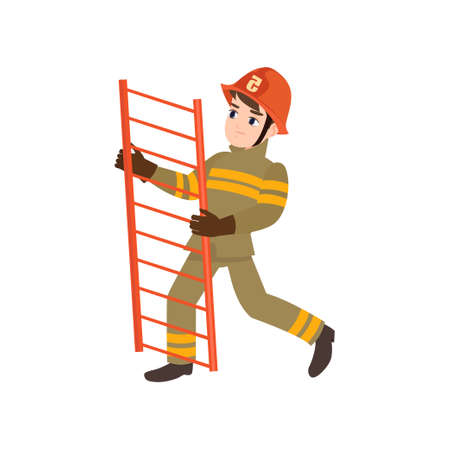 Boy Firefighter Wearing Protective Uniform and Helmet Carrying Ladder, Freman Character Doing His Job Vector Illustration Isolated on White Background.のイラスト素材