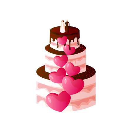Wedding Cake with Bride and Groom at Top Vector Illustration Isolated on White Background.のイラスト素材