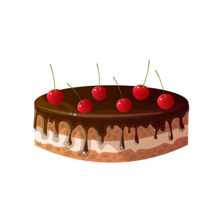 Delicious Cake with Fresh Cherries and Chocolate, Sweet Tasty Dessert Vector Illustration Isolated on White Background.のイラスト素材