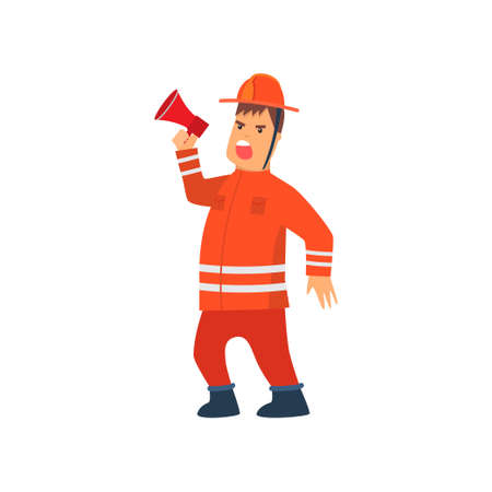 Firefighter Wearing Orange Protective Uniform Standing with Megaphone Loudspeaker, Cheerful Professional Male Freman Cartoon Character Doing His Job Vector Illustration Isolated on White Background.のイラスト素材