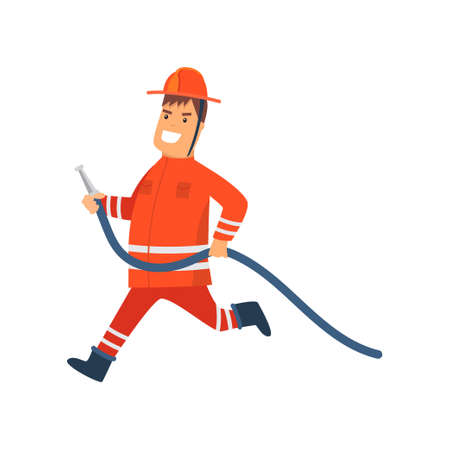 Firefighter Wearing Orange Protective Uniform and Helmet Running with Fire Hose, Cheerful Professional Male Freman Cartoon Character Doing His Job Vector Illustration Isolated on White Background.のイラスト素材