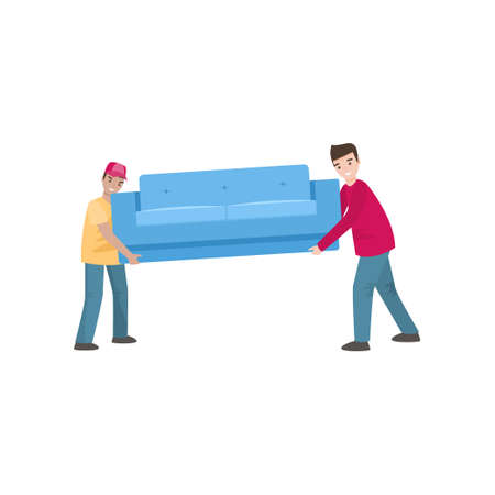 Two smiling men carry a heavy blue sofa on a white background. Instruction for couch transportationのイラスト素材