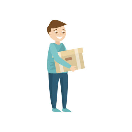 A smiling man with brown hair, wearing a blue raglan and pants, holds a packed cardboard box. Man is ready to change place of job or residential spaceのイラスト素材