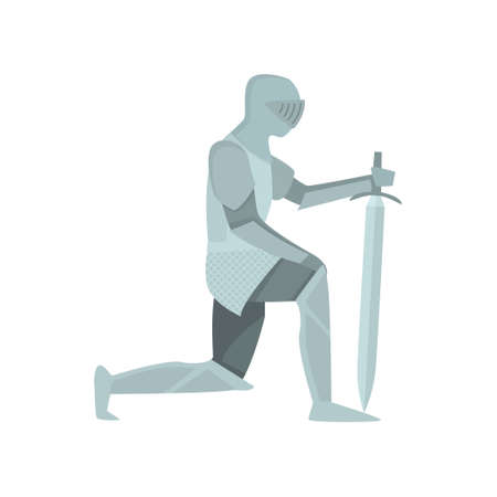 Knight in gray armor takes oath, honors a deceased friend, swears allegiance to the king. Warrior stands on one knee with sword lowered in front of him. Side viewのイラスト素材