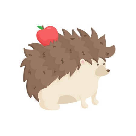Cute, funny hedgehog carries red fresh apple on his back with brown needles. Close up side view isolated on white background. Childish character poster, card for learning languageのイラスト素材
