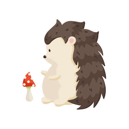 Small pot-bellied hedgehog stands on its hind legs and looks at the mushroom. Side view close up isolated on white background. Children cartoon gathering mushrooms themeのイラスト素材