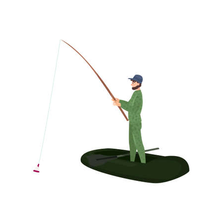 Fisherman Catching Fish with Fishing Rod, Male Fisher Character Standing on Inflatable Boat Vector Illustration on White Background.のイラスト素材