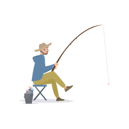 Fisherman Sitting on Folding Chair Beside a Bucket with Fish Caught, Male Fisher Character with Fishing Rod, Vector Illustrationのイラスト素材