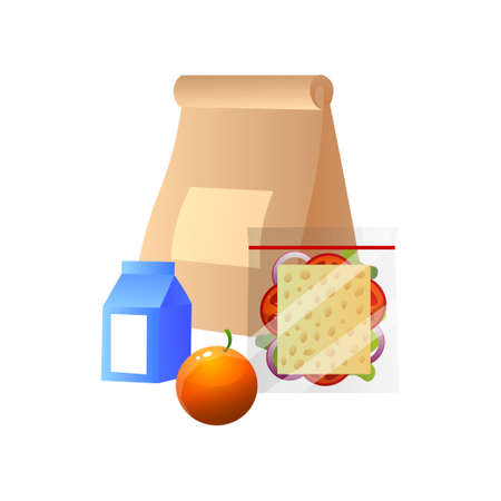Lunch Bag with Healthy Food, Sandwich, Orange and Box of Milk, School Lunch in Paper Packaging Vector Illustration on White Background.のイラスト素材