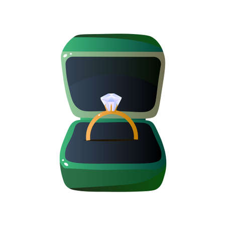 Green Velvet Opened Gift Box with Diamond Ring, Square Shaped Jewelry Case Vector Illustration on White Background.のイラスト素材