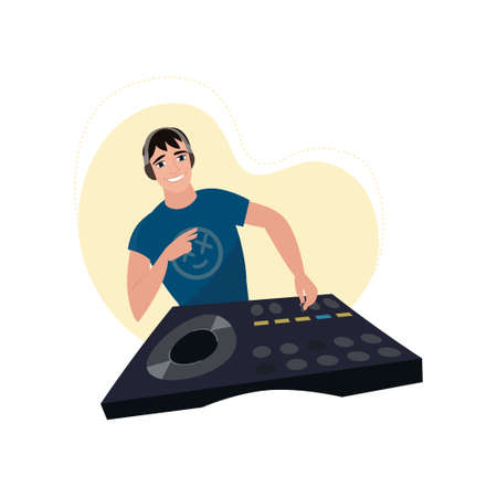 Young smiling male DJ in headphones at console with vinyl record shows victory hand with beige light chaser in shape of heart behind shoulders. Musical disco collection.のイラスト素材