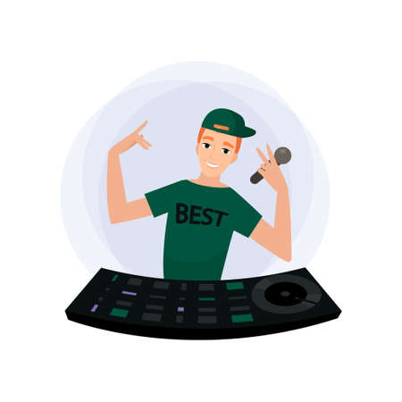 Disk jockey wearing green cap and t-shirt with microphone in hand. Disc jockey at turntable shows victory hand and rock signs. Mixer works with microphone and console on the stage.のイラスト素材