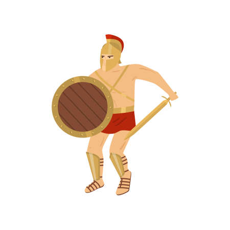 Fighting strong gladiator in red loincloth and steel greave isolated. Brave warrior protects chest with round wooden shield and prepares sword to repel enemy s blow. Ancient history conceptのイラスト素材