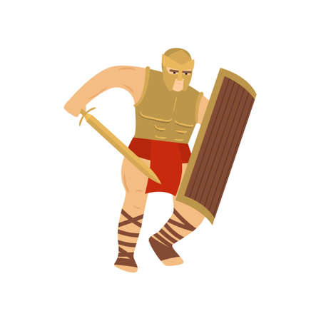 Fighting strong legionary in steel armor. Brave centurion in red loincloth, steel helmet, covering face, and breast-collar. Legionnaire raising sword and rectangular shield carries out an attackのイラスト素材