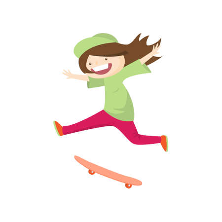 Satisfied smiling girl skateboarding fast isolated on white background. Teenager in green cap and sportwear bounces during descent. Summer activity and happy childhood conceptのイラスト素材