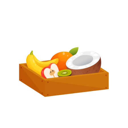 Juicy colorful fruit in wooden rectangular box isolated over white. Container with half red apple, coconut and kiwi, whole orange and two bananas. Autumn harvest or diet, healthy food conceptのイラスト素材