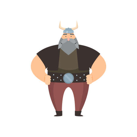 Old viking with gray beard and long mustache in traditional clothes and steel helmet. Scandinavian warrior put hands on hips over white background. Early medieval history conceptのイラスト素材