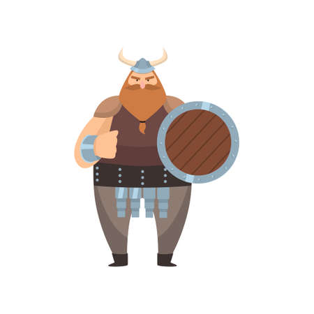 Old red-bearded viking in traditional clothes and steel helmet. Scandinavian warrior stands with shield and threatens with fist over white background. Early medieval history conceptのイラスト素材