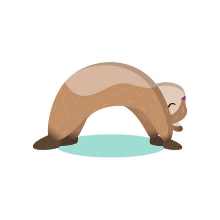 Plump fluffy hamster perform gymnastic and yoga exercise. Brown rodent bends the crab. Cartoon isolated on white background. Animal meditation concept.のイラスト素材