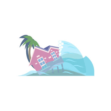 Tsunami on the tropical coast, demolishing house on stilts isolated on white backgroundのイラスト素材