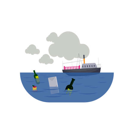 Ship in polluted sea with garbage isolated on white background. Dirty river, ocean with trash, bottles, bits and plastic. Freshwater pollution, save the ocean, environmental hazard concept.のイラスト素材