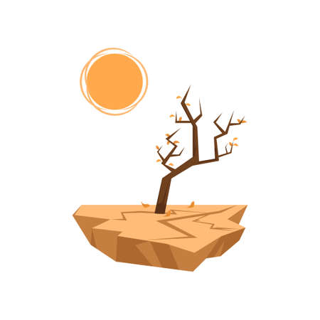 Dead tree with last one orange leaves sprouts in dry soil under hot sun. Icon isolated on white background. Global warming, air drought. Natural disaster thematic. Environmental hazard concept.のイラスト素材