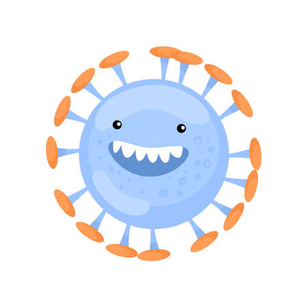Round blue bacterium or virus with oscular legs around. Smiling toothy bacteria, germ, protist, microbe isolated on white background. Biology of illness, science of disease conceptのイラスト素材