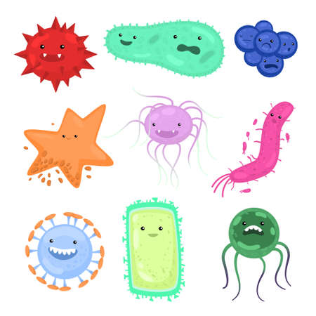 Variety of microorganisms set in different types, colors and shapes isolated on white background