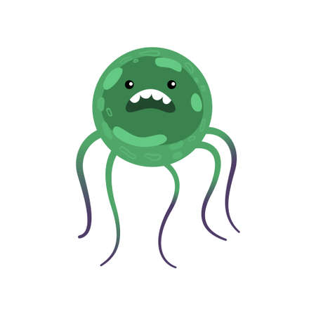 Round green ugly bacterium or virus with several long thin legs. Smiling toothy bacteria, germ,...