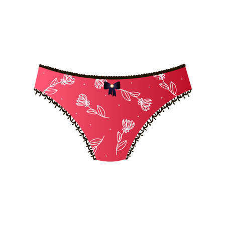 Cute red panties with floral design and bow. Hipsters, brazilian, bikini, cheeky with plenty of flowers. Feminine underwear or teenager lingerie collection concept. Promotion card, advertising flyerのイラスト素材