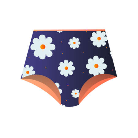 Cute blue panties with floral design. Maxi, control briefs, high waist with plenty of big chamomiles. Feminine underwear or children lingerie collection concept. Promotion card, advertising flyerのイラスト素材