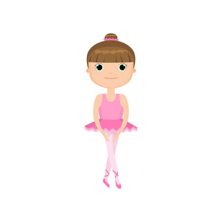 Little girl in ballet dress on white background. Cute fairy ballerina wearing pink leotard, tutu, ballet slippers, standing gracefully. Dancing child. Activities and hobbies concept. Happy childhoodのイラスト素材