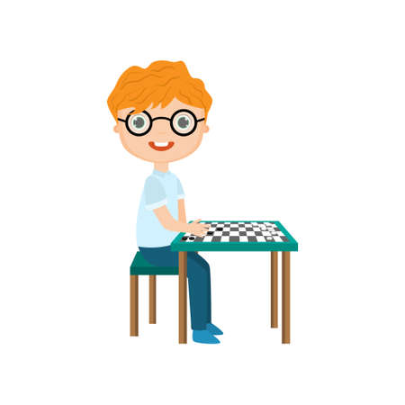 Little smiling red-haired boy in glasses playing chess isolated against white background. Intellectual hobby conceptのイラスト素材