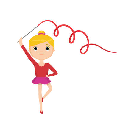 Girl in red suit with gymnastic ribbon isolated against white backgroundのイラスト素材