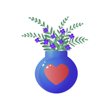 Bouquet of field flowers with small buds in big blue vase decorated red heart. Floral card for easter, 8 march, valentines day, birthday, wedding isolated on white background. Botanical decor for house.のイラスト素材