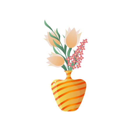 Flower composition in yellow stripped vase. Floral card for easter, 8 march, valentines day, birthday, wedding isolated on white background. Botanical decor for house.のイラスト素材