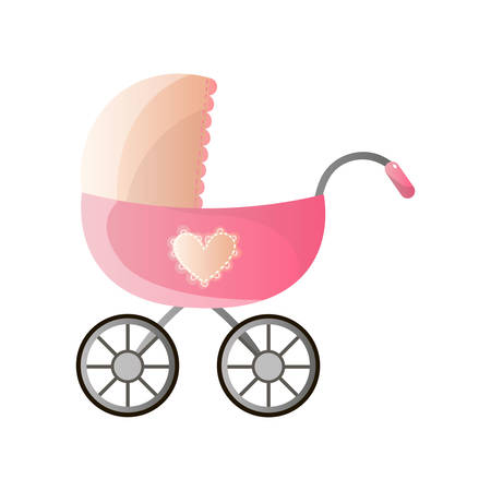 Big pink stroller for newborns with side decor in shape of heart, one handle, beige visor and big wheels. Kids transportation theme. Simple icon of foldable baby pram for web designのイラスト素材
