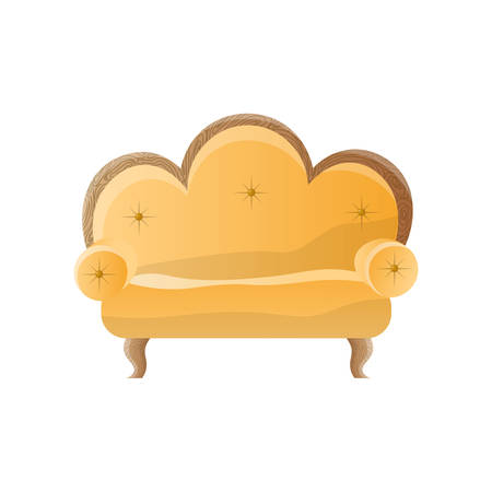 Yellow retro sofa with arched back and round arms isolated on white background. Comfortable furniture decoration for home interior. Template for web design, business, commercial useのイラスト素材