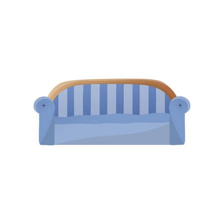 Modern blue sofa template. Couch with arched stripped cover back and wooden insert on edge. Comfortable furniture decoration for home interior. Template for web design, business, commercial useのイラスト素材