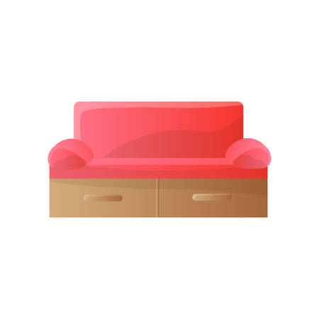 Modern red sofa with tight rounded arms, rectangular shape back and two wooden linen drawers. Comfortable furniture decoration for home interior. Template for web design, business, commercial useのイラスト素材
