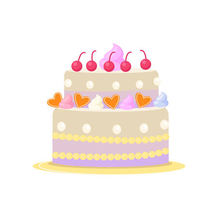 Cute two-tiered birthday or wedding cake in girlish style. Dessert with cream and pink cherries on...