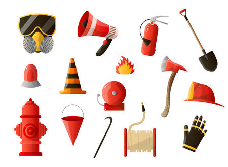 Set of firefighting stickers isolated on white background. Fireman equipment, firefighter service staff uniform flat design icon. Profession and occupation concept.のイラスト素材
